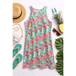 Katherine Way XL Bright Pink Green Print Shift Dress Preppy Resort Golf